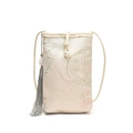Mini borsa a tracolla stile cinese beige con stampa floreale e nappa di seta morbida - Con Ciondolo / Bianco