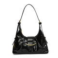 Borsa hobo nera lucida con dettagli a mezzaluna dorata e tracolla regolabile - Nero