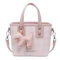 Pink checkered bucket bag for women with cute puppy charm and adjustable shoulder strap - Pink