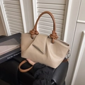 Beige lychee leather trapezoid handbag with brown handles and pleated cloud detail - Khaki