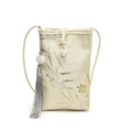 Mini cream crossbody phone bag with bamboo embroidery and elegant tassel detail - Green