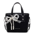 Bolso tipo cubo negro con lazo de encaje blanco y perlas bolso de mano moderno - Con Colgante / Negro