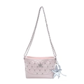Borsa a tracolla rosa trapuntata con borchie a stella d'argento, cristalli e catena - Rosa