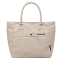 Minimalist beige canvas tote bag with blue embroidery and thick handles for women - Beige Grey