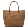 Brown large capacity canvas tote bag with blue embroidered logo and side pockets - Caramel color