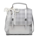 Silver-grey crossbody bag with grey checkered flap and pearl bow charm accessory - Silver
