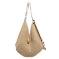 Große beige Häkel-Einkaufstasche mit bunt besticktem Schultergurt im Boho-Stil - Khaki