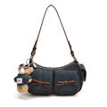 Sac bandoulière en denim bleu foncé avec bordure en cuir marron et breloque ourson - Avec Pendentif / Marron