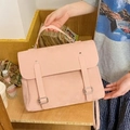 Pink vintage college style backpack in matte leather with buckled flap for women - Pink
