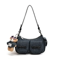 Sac sous l'aisselle en denim bleu avec nœuds en cuir et charm ours mignon - Avec Pendentif / Noir