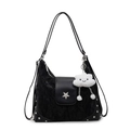 Black velvet tote bag with silver star detail and cloud charm on a plain white background - Black