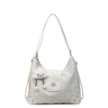 White faux leather tote bag with silver star emblem and cloud plush keychain accessory - Off White