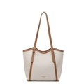 Minimalist beige tote bag with brown contrast trim and lychee grain leather texture - Off White