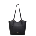 Minimalist black leather tote bag with lychee texture and gold metal buckle detail - Black