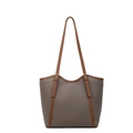 Women's grey and brown contrast color tote bag with lychee grain leather texture - Gray