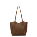 Brown large capacity tote bag with litchi texture leather and golden branding - Brown