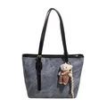 Vintage gray printed large tote bag with bear pattern and plush bear charm - With Pendant / Blue