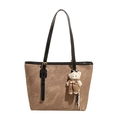 Brown retro tote bag with embossed bear patterns and a cute plush bear pendant - With Pendant / Brown