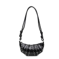 Borsa hobo nera con borchie argentate e finitura cerata lucida in stile punk retrò - Nero