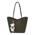 Olive green bucket bag in pebble leather with v-neck top and cute plush bear charm - Green