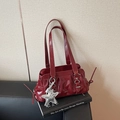 Burgundy crinkled leather underarm bag with silver star pendant and twin straps - With Pendant / Burgundy