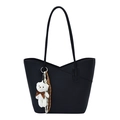 Large black lychee pattern leather tote bag with V-shaped opening and cute bear charm - Black