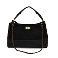 Black quilted tote bag with suede texture, gold chain strap and metal turn-lock closure - Black