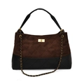 Suede and leather quilted tote bag in brown and black with golden chain detail - Brown