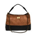 Quilted tote bag in brown suede and black leather patchwork with gold metal lock - Brown