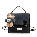Zaino in denim blu navy e pelle nera con ciondolo a forma di orsetto di peluche - Con Ciondolo / Nero