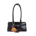 Black leather baguette shoulder bag with metal buckle and brown teddy bear charm - With Pendant / Black