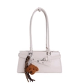 Cream white baguette shoulder bag with silver buckle and plush bear charm - With Pendant / White