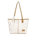 Minimalist beige tote bag with brown straps and checkered silk scarf decoration - Off White