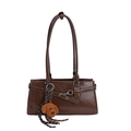 Brown vintage faux leather baguette bag with a cute teddy charm and bow detail - With Pendant / Brown