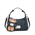 Vintage dunkelblaue Denim Kissentasche mit Plüschbär und Lederriemen - Ohne Anhänger / Schwarz