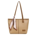 Minimalist khaki tote bag with dark brown handles and geometric silk scarf detail - Khaki