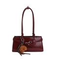 Burgundy faux leather baguette shoulder bag with cute teddy bear plush charm - With Pendant / Red