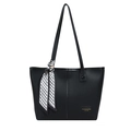 Minimalist black tote bag in lychee texture with a geometric scarf and gold logo detail - Black