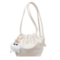 Creamy white drawstring bucket bag with gold lettering and cute plush pendant - With Pendant / Off White