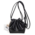 Chic black drawstring bucket bag with gold lettering and a white plush keychain - With Pendant / Black