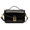 Elegant black patent leather small square handbag with gold chain strap and metal lock - Black