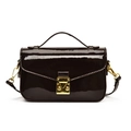 Deep brown patent leather crossbody bag with elegant gold triangle buckle closure - Brown