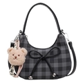 Hobo crescent bag in black and grey plaid with bow detail and bear charm - Black