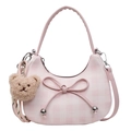 Pink checkered hobo bag for women with leather bow detail and cute brown bear charm - Pink