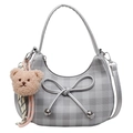 Silver-grey checkered hobo bag with a metallic bow and pink bear charm detail - Silver