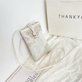 Mini beige jacquard crossbody phone bag with floral embroidery and pearl button detail - White Buckle White