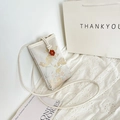 Mini crossbody phone bag with gold embroidery and orange button in beige silk - 12x4x20cm / White (Brown Clasp)