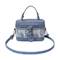 Blaue Denim-Box-Tasche mit weißer Spitze, braunem Ledergriff und Schultergurt - Blau