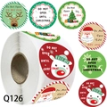 Roll of circular Christmas adhesive labels featuring Santa, reindeer and tree designs - Q126 / 2.5cm