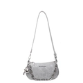 Grey underarm bag with marble texture and large silver bead metal chain strap - Silver